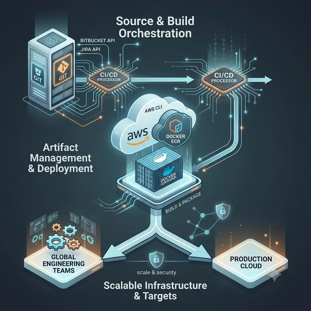 A 3D technical architecture diagram of an automated enterprise CI/CD pipeline lifecycle, showing source code flowing from a Git server through Bitbucket and Jira APIs, managing Docker container artifacts in AWS ECR, and deploying to global engineering teams and production clouds
