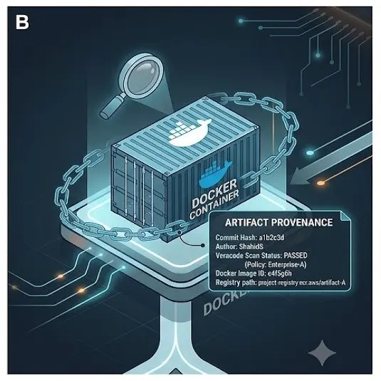 A security automation diagram labeled B showing a secure Docker container artifact under inspection with a detailed metadata overlay tracking commit hash, author, Veracode scan status, image ID, and the AWS ECR registry path