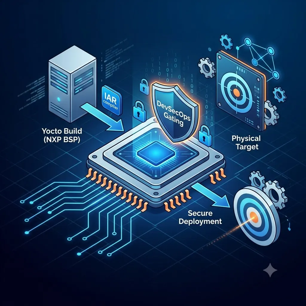 A stylized isometric engineering diagram showcasing a secure Yocto Project build processor core enforcing DevSecOps gating and IAR cross-compilation before triggering a secure deployment to an NXP microprocessor