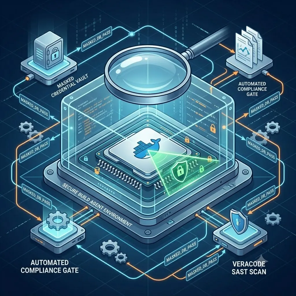 A detailed technical illustration of a secure build agent environment, showcasing a microchip under a magnifying glass with automated compliance gates, a masked credential vault tracking database passwords, and an integrated Veracode SAST scan security shield