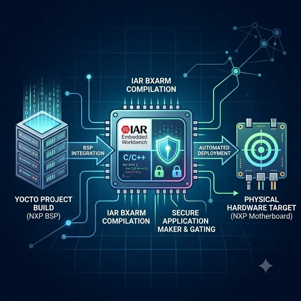 A technical architecture diagram showing an embedded Linux lifecycle workflow, where a Yocto Project build with NXP BSP integrates into an IAR Embedded Workbench compilation environment, utilizing Secure Application Maker gating before automated deployment to a physical NXP motherboard hardware target