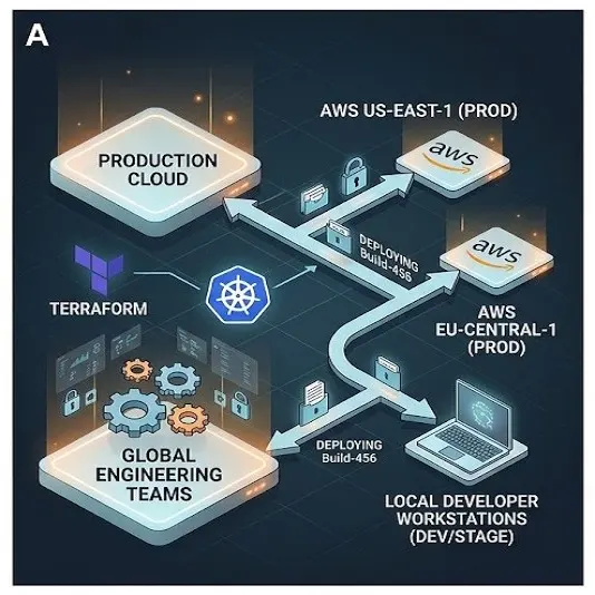 A technical architecture diagram labeled A illustrating deployment target configurations across multi-region production cloud environments including AWS US-East-1, AWS EU-Central-1, and local developer workstations using Terraform and Kubernetes