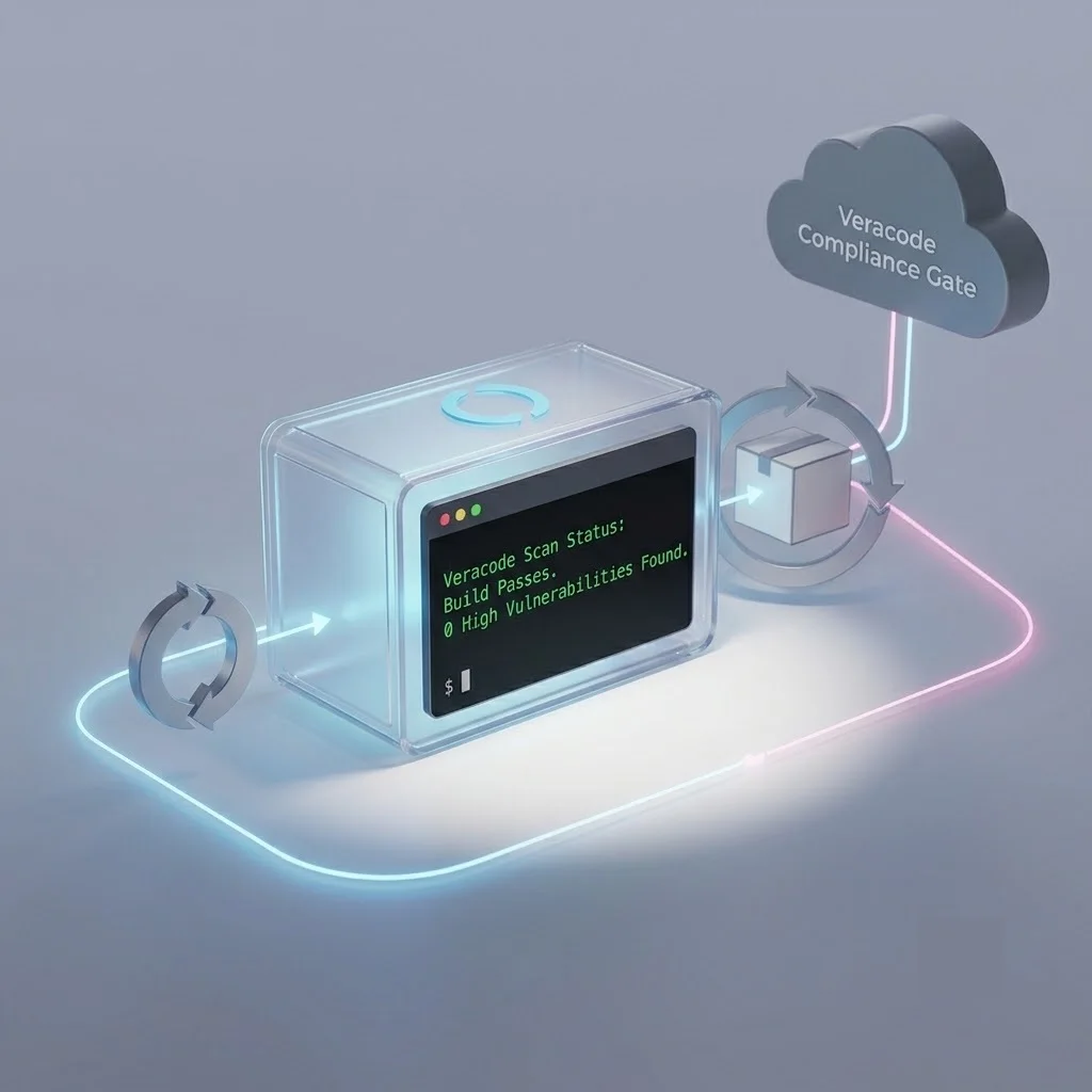 3D isometric flowchart demonstrating a decentralized Veracode local pipeline scan evaluating a build artifact at the PR level before hitting the cloud compliance policy gate.