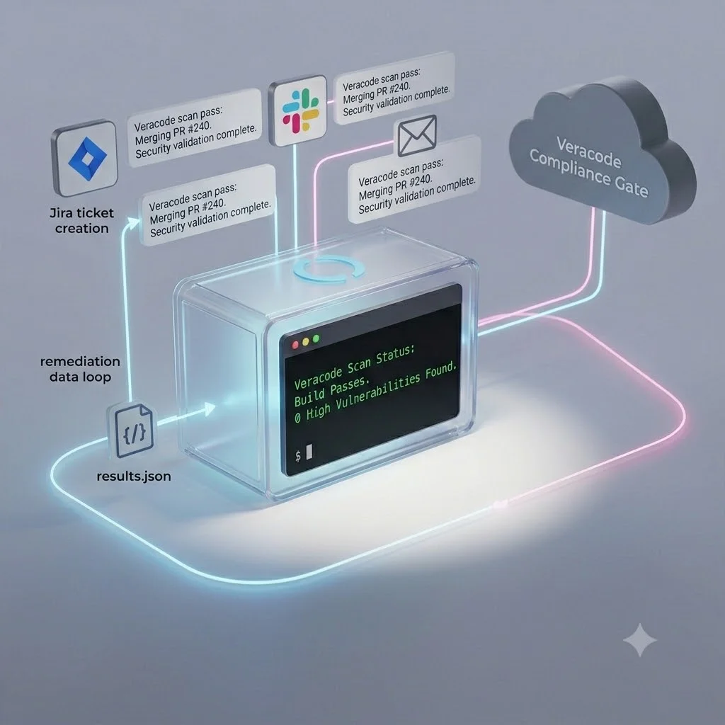 Technical architecture diagram showing a containerized Veracode scan outputting a results.json file to trigger automated Jira ticketing and Slack remediation notifications.