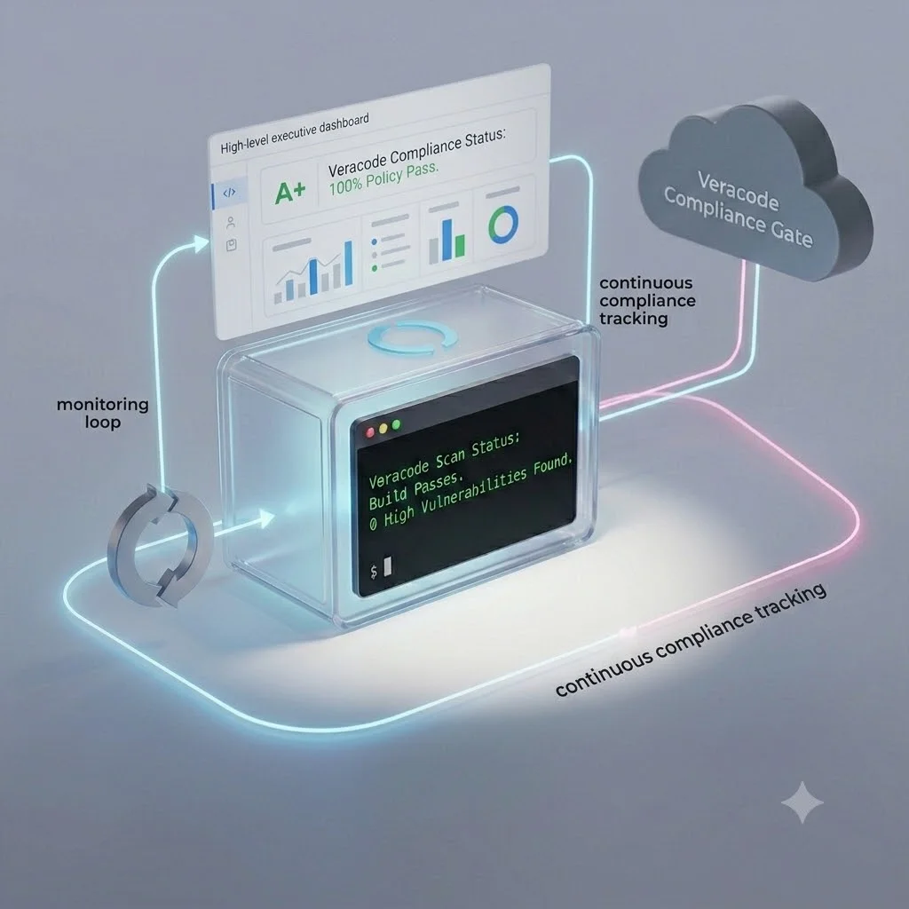 Clean UI mockup of a high-level executive dashboard tracking continuous compliance and showing a perfect policy passing status score alongside an automated container scan loop.